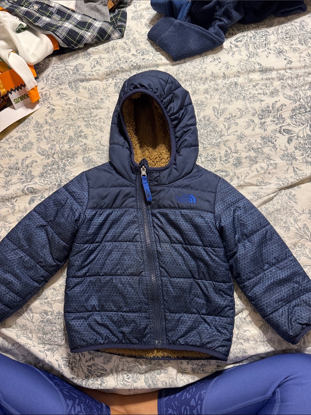 The North Face Navy Quilted Hooded Kids Jacket with Brown Sherpa Lining